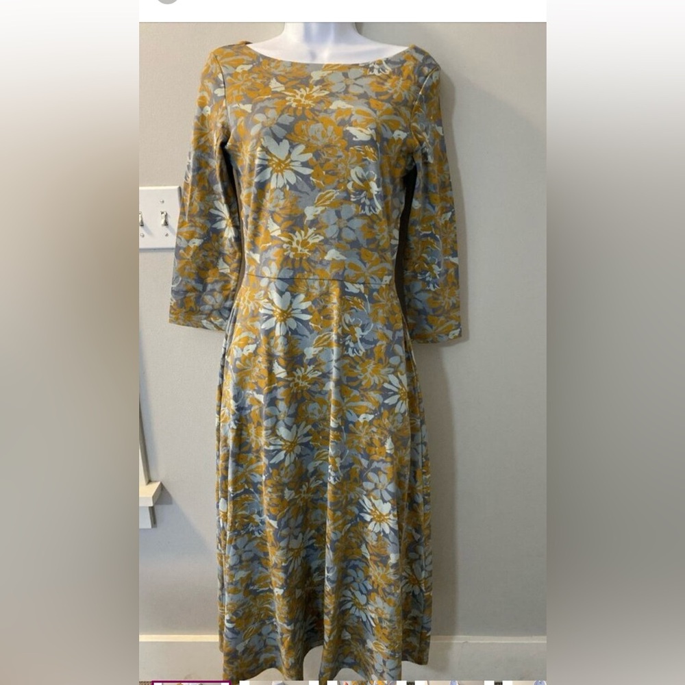 NWT Pact Blue and Gold Floral Long Sleeve Dress 100% organic cotton.